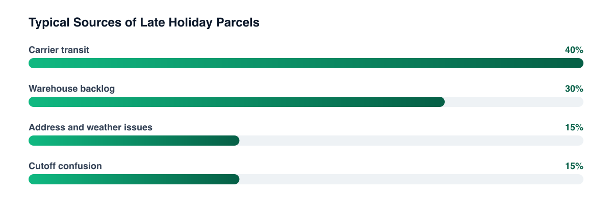 Typical sources of late holiday deliveries, relative weight (illustrative)