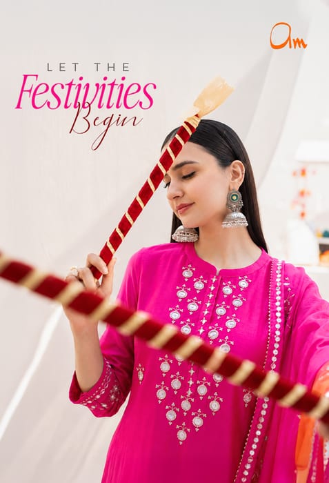 Festive campaign creative — mirror-work kurta set photographed with dandiya sticks for the Navratri season