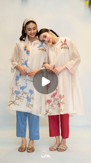 Noor collection reel — two hand-painted mul chanderi kurta sets with crane and flamingo motifs