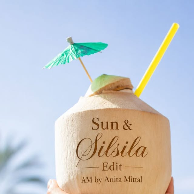 Sun and Silsila collection launch creative — engraved coconut against a summer sky