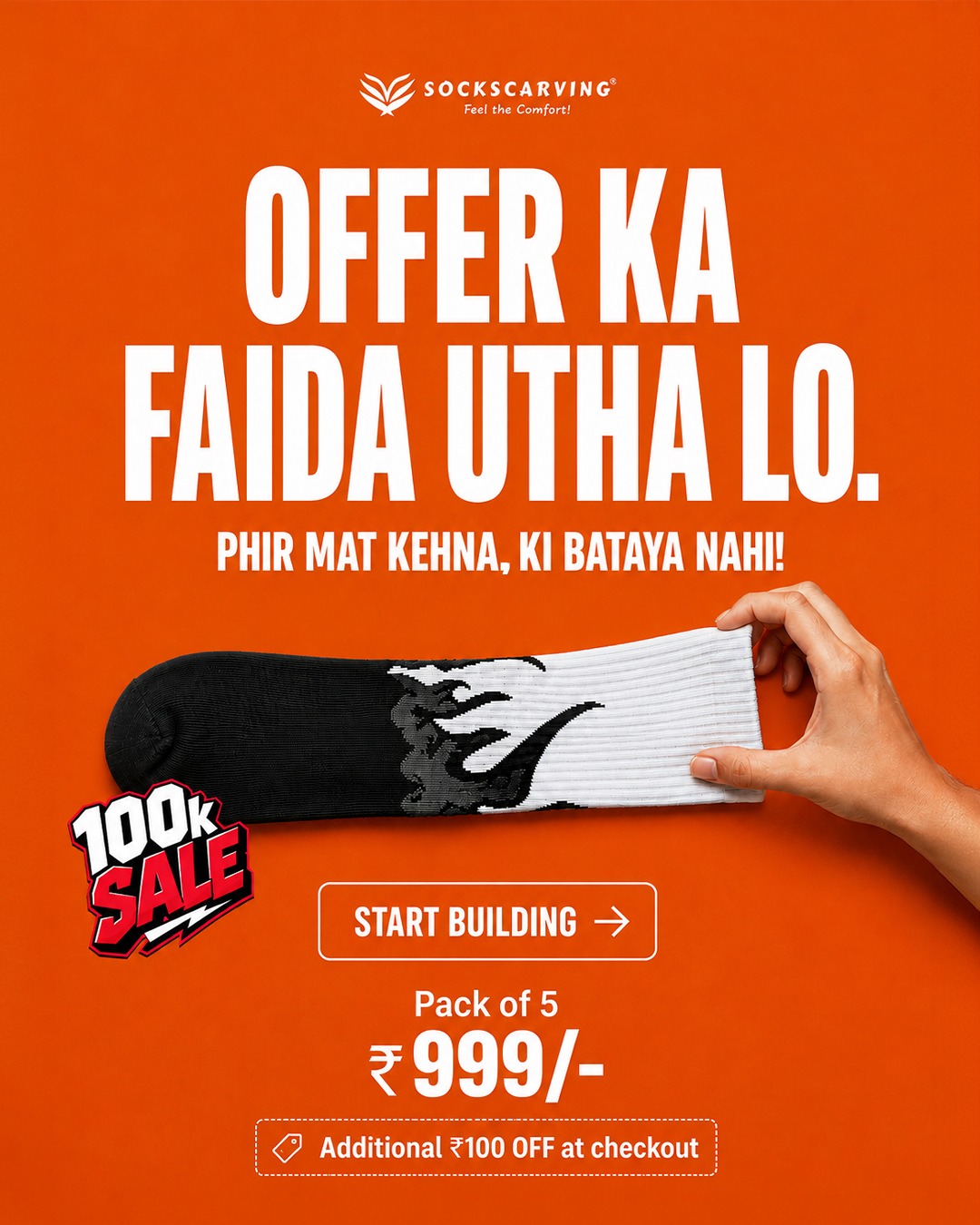 Offer-forward creative — pack of 5 at ₹999 and the stacked checkout discount stated on the frame, with a Build Your Own Box call to action